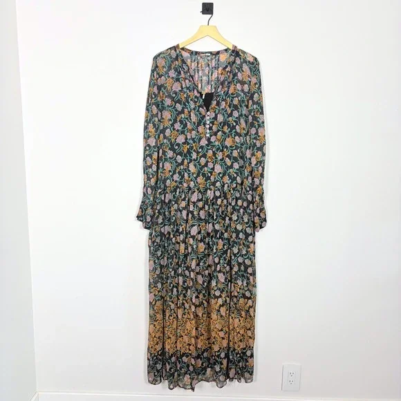 Free People See it Through Maxi Black Combo Large Long Sleeve Boho Flowy Tiered - Picture 2 of 11